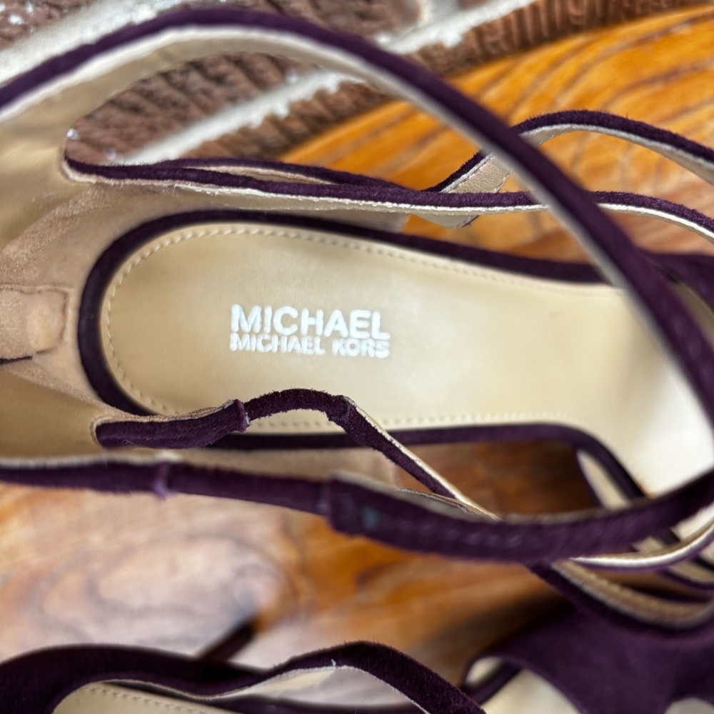 Michael Michael Kors Women’s 8.5 Chantelle Heel Stiletto Purple Velour Sandals - Picture 2 of 12